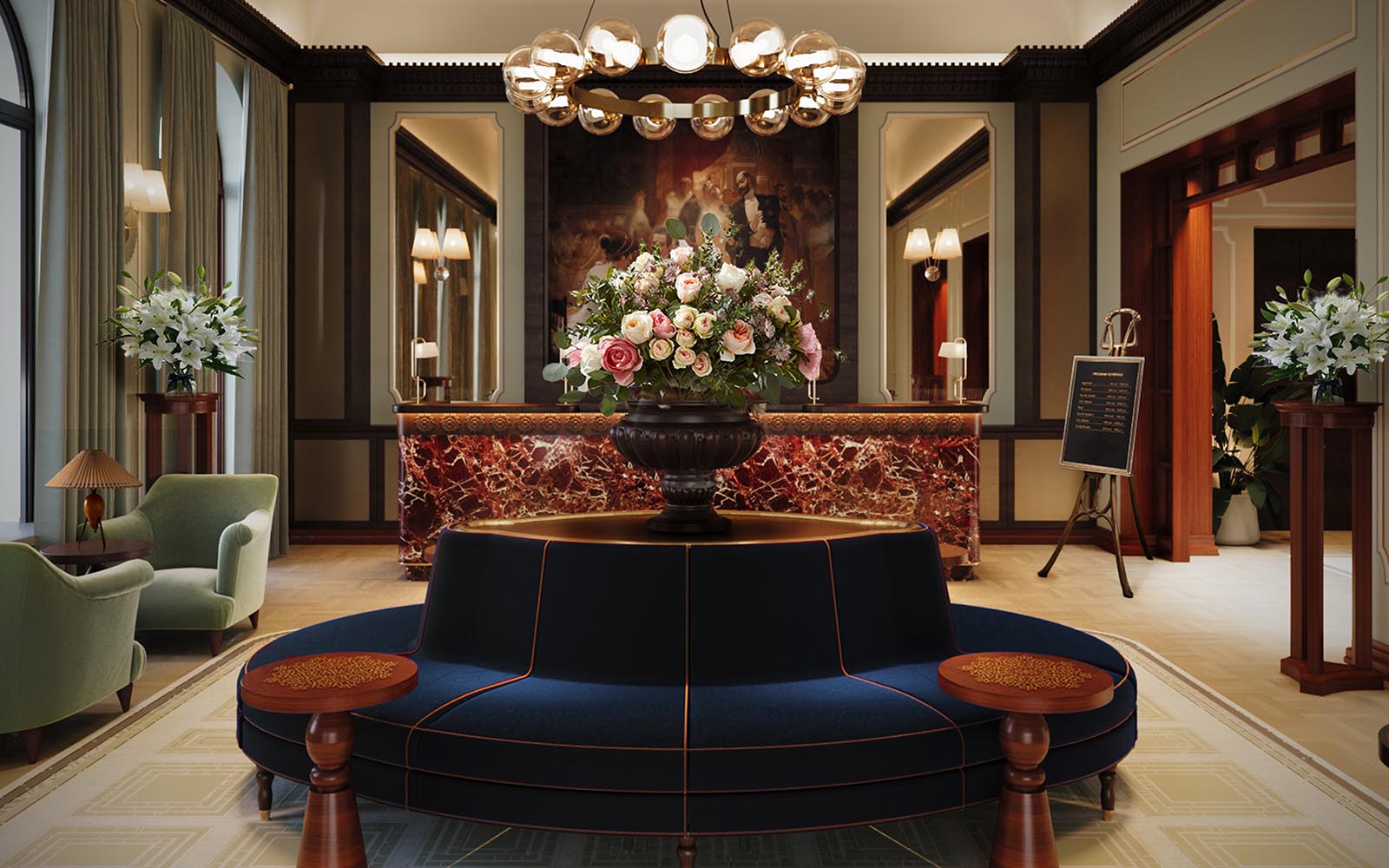 The impressive lobby at Hotel Kamp with circular seating and a huge vase of flowers.  This hotel has been a distinguished Helsinki landmark since 1887