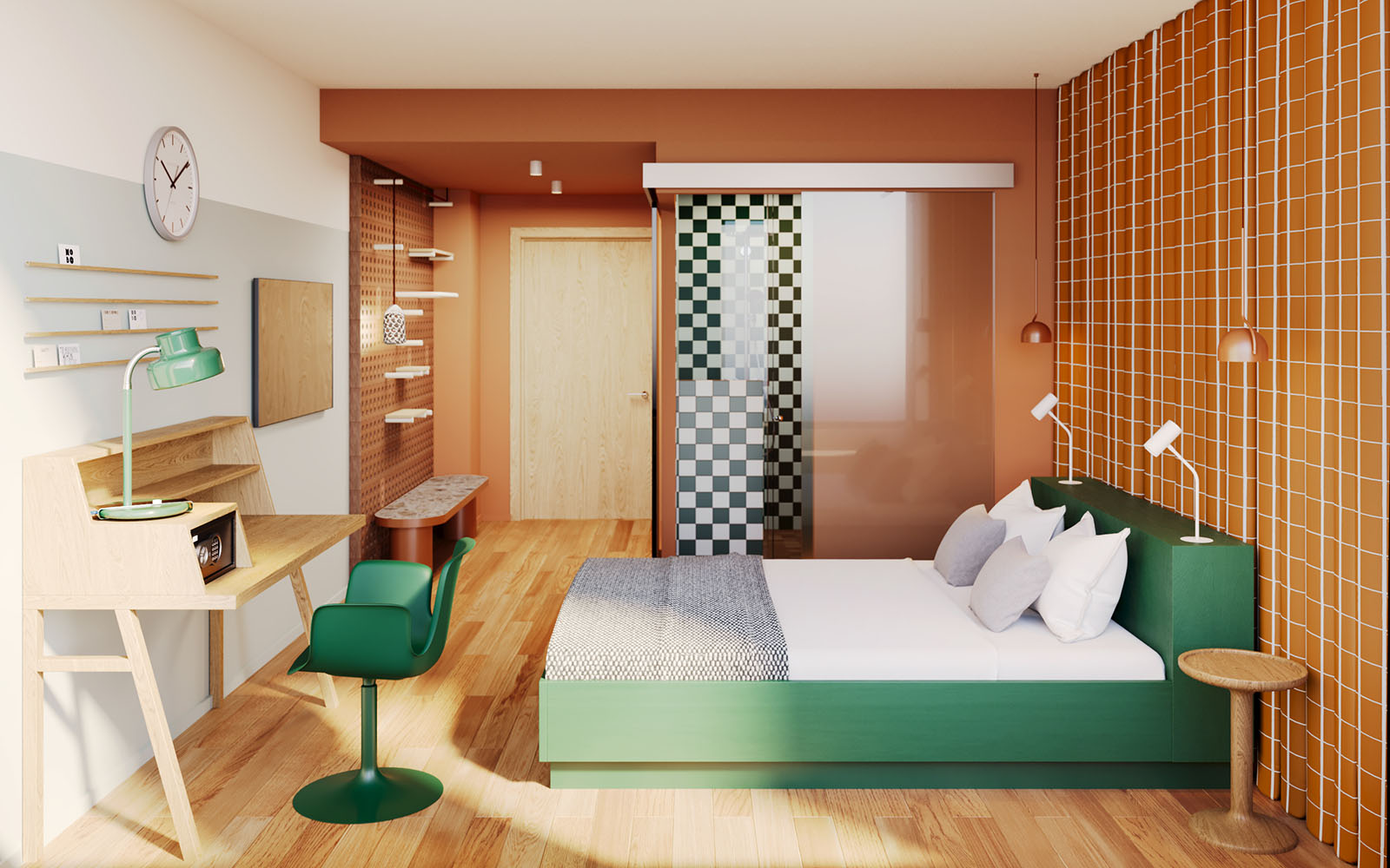 The bright and colourful standard room with king size or twin beds, at Hobo Helsinki in the heart of the city. 