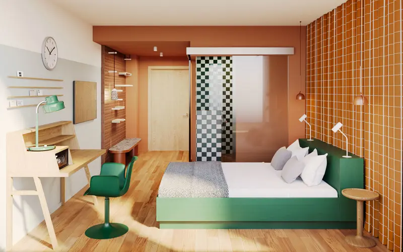 The bright and colourful standard room with king size or twin beds, at Hobo Helsinki in the heart of the city.