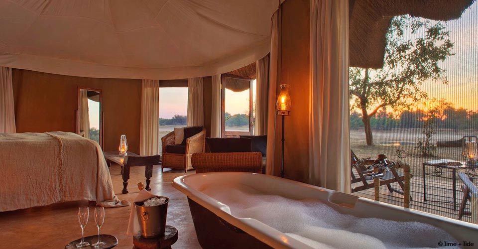 Sunset bubble bath at Mchenja camp, South Luangwa, Zambia
