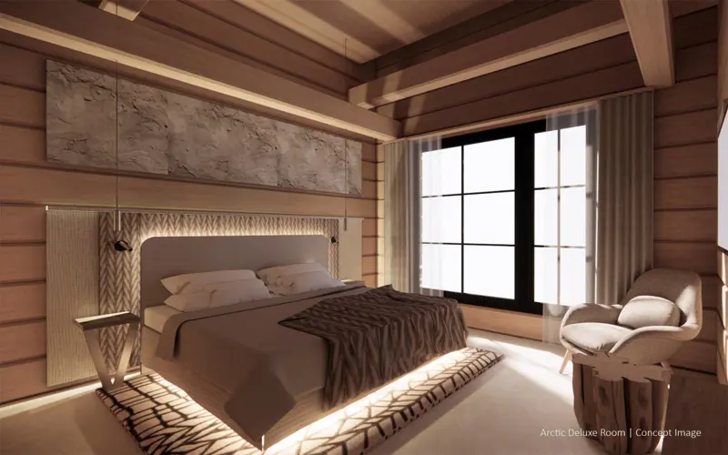 An artist's impression the Riverside Suite bedroom with muted tones at Vaattunki Wilderness Resort near Rovaniemi in Finnish Lapland