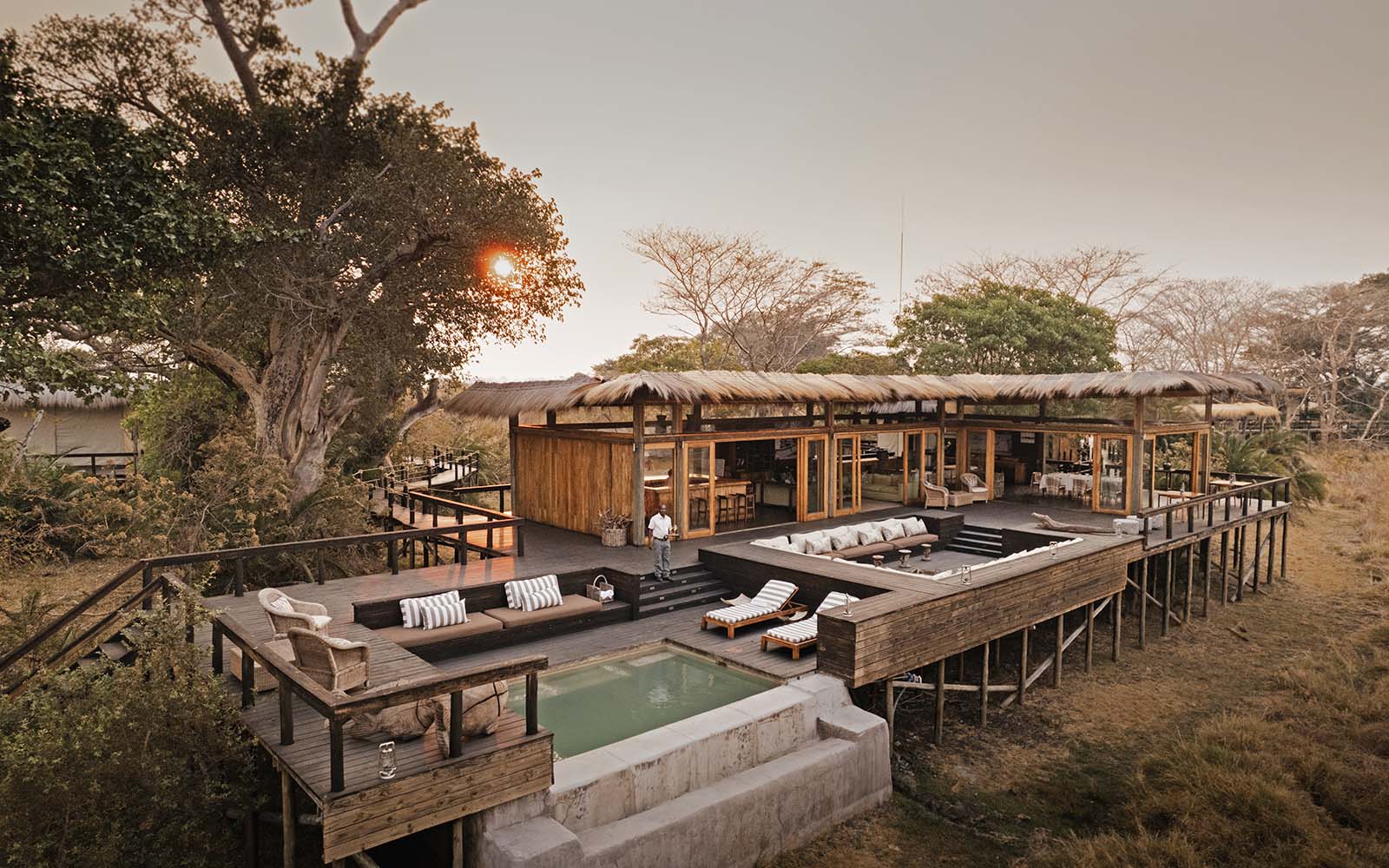 The main public area with pool and deck at Shumba Camp, Kafue, Zambia