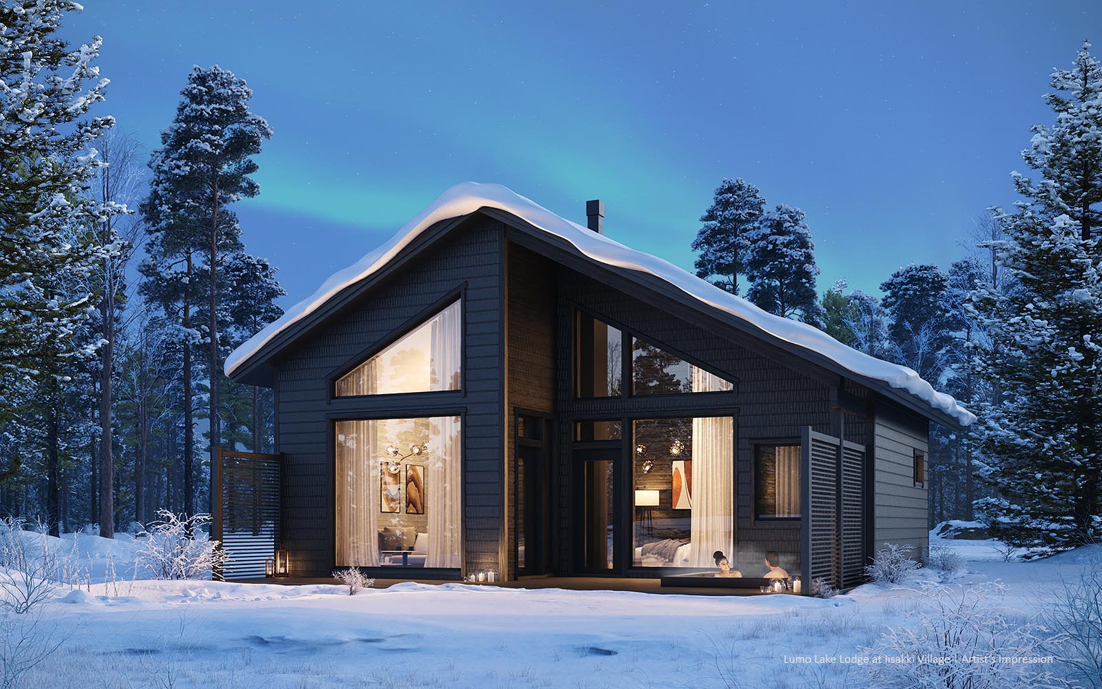 Image shows an artist's impression of a couple in the terrace hot tub of the Lumo Lakeside Lodge at Iisakki Village, near Ruka, Finland