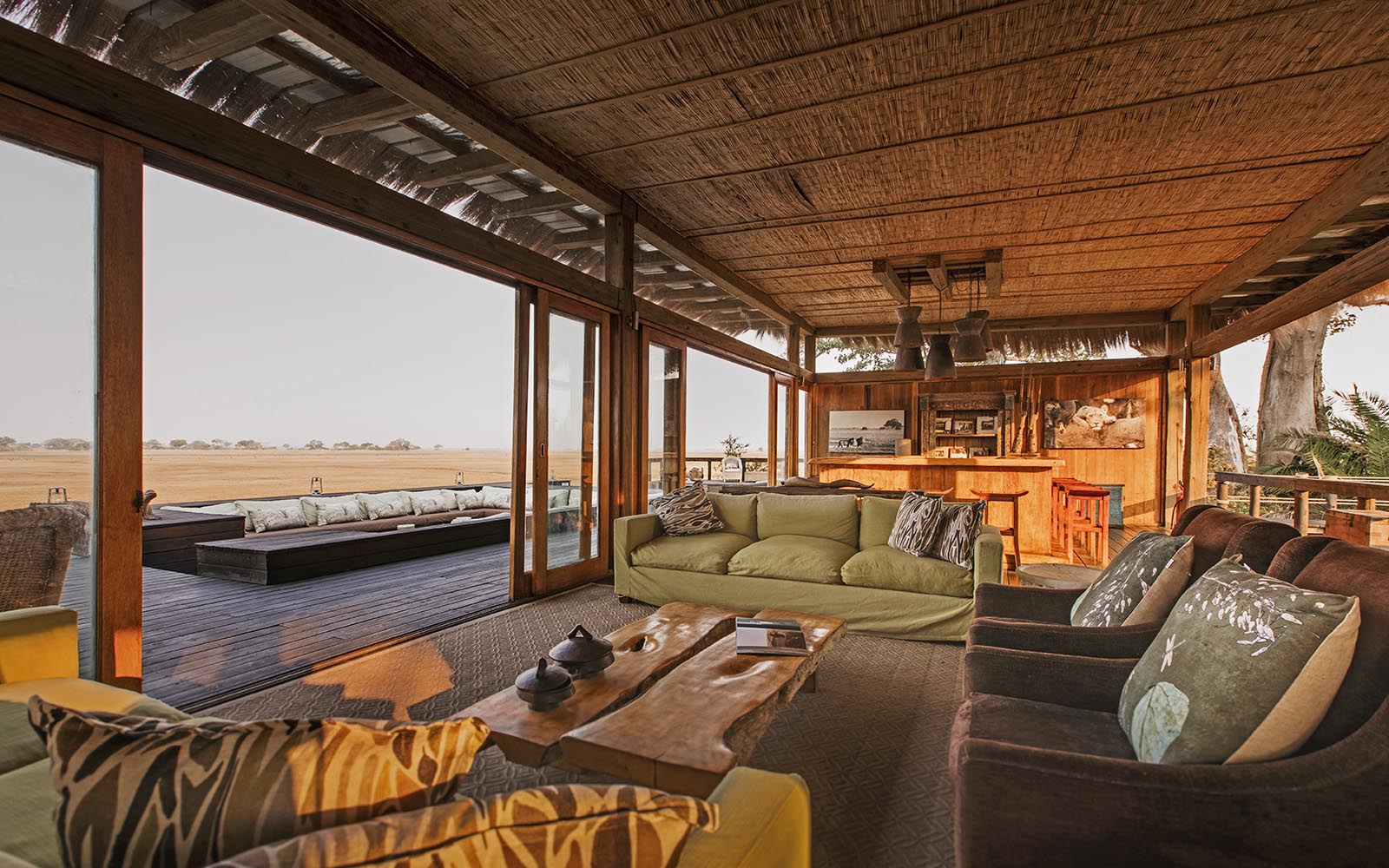 An internal view of the lounge at Shumba Camp, Kafue, Zambia