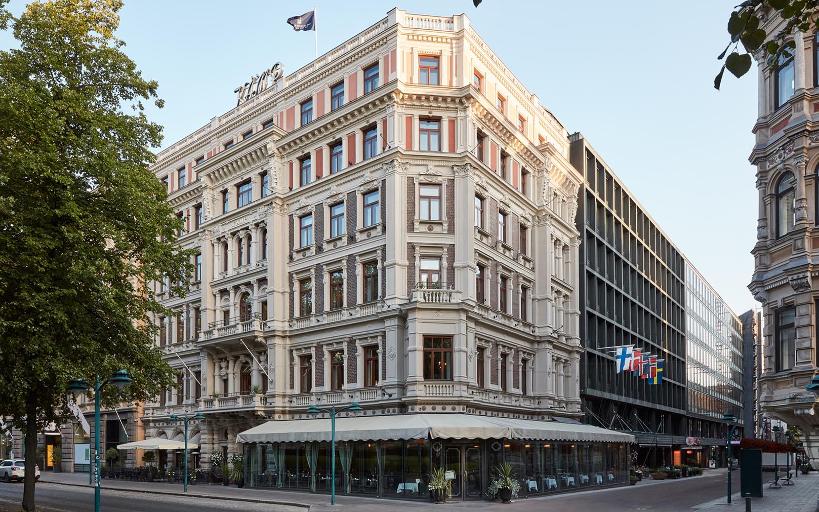 The six storey corner facade of Hotel Kamp in Helsinki, Finland