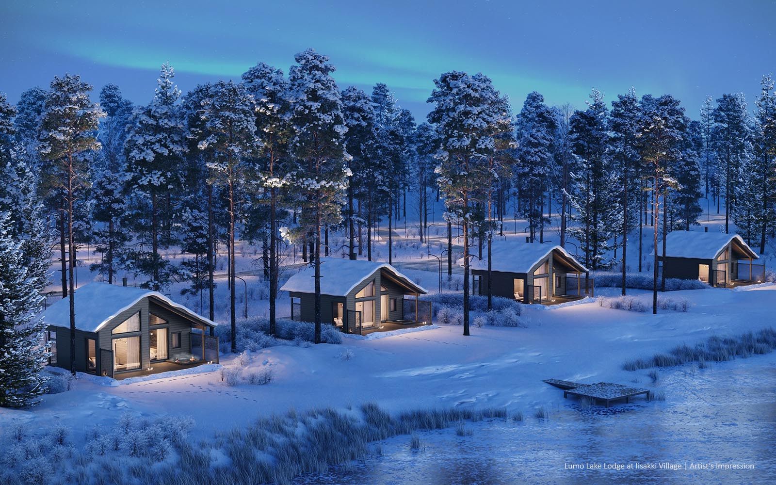 Image shows an artist's impression of a row of lodges in a snowy landscape on the edge of a lake in Iisakki Village, near Ruka, Finland
