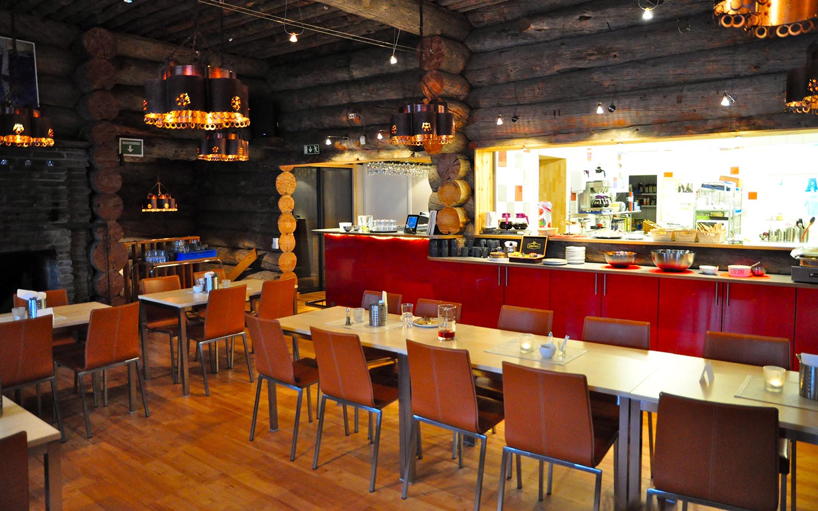 Inside the kelo log restaurant at Brandon Lodge near Lulea, Swedish Lapland