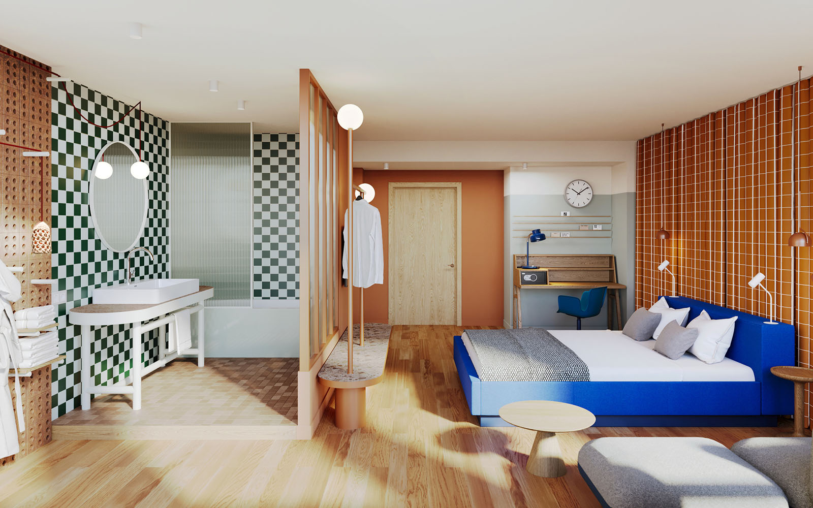 A spacious Hobo Large Room with open plan bathroom and extra sofa bed.  Hobo Hotel, in Helsinki, Finland