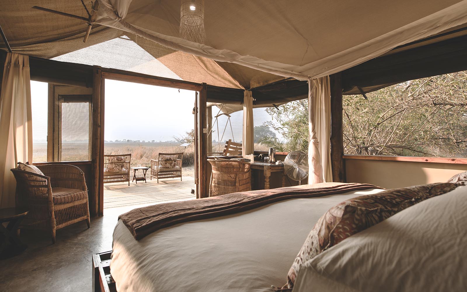 View of a bedroom at Busanga Bush Camp, Kafue, Zambia