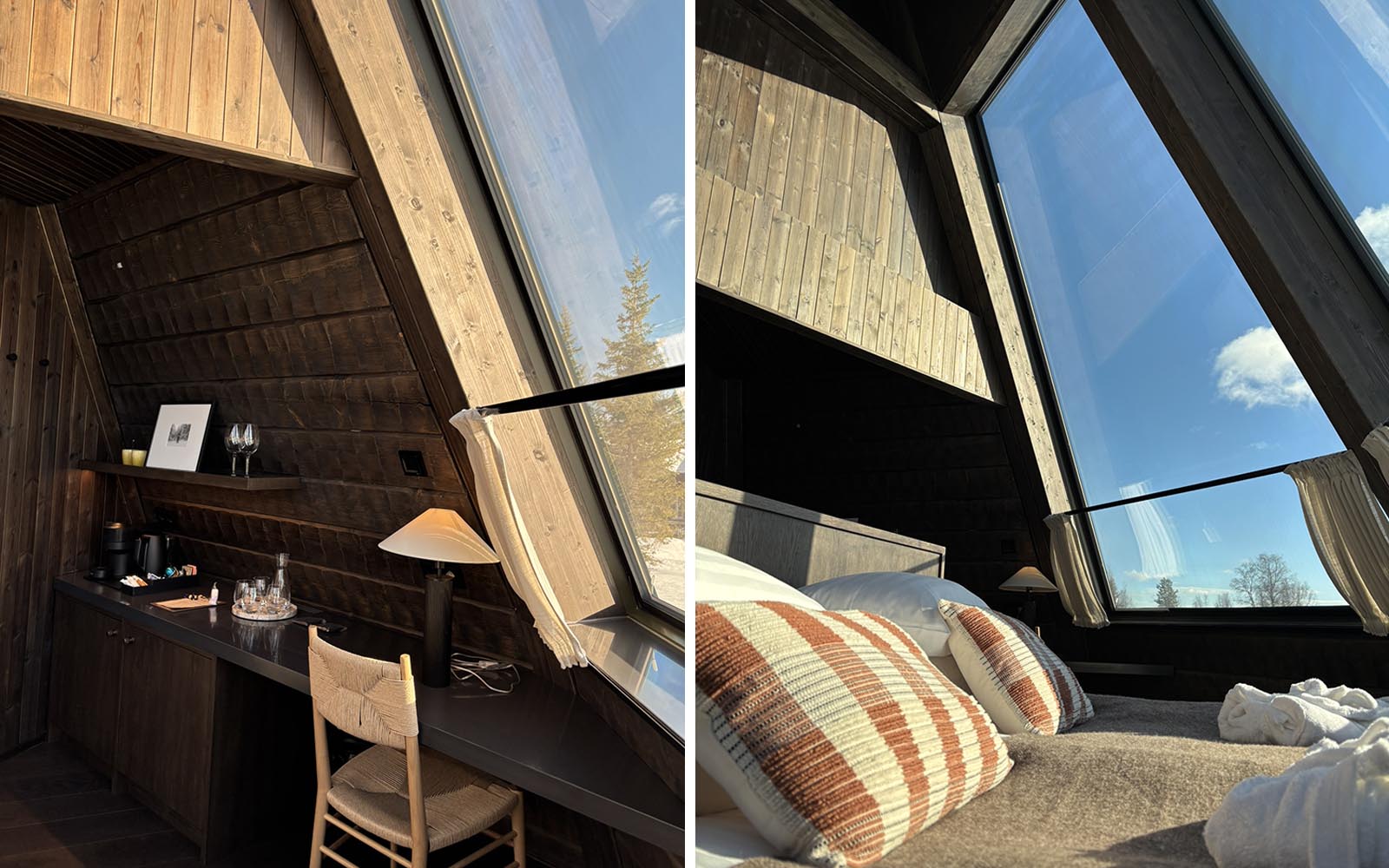 Two different vantage points show the interior of the architecturally designed Aurora Kota Huts at Nivunki Village in Lapland.  The wooden cladded walls open up to sloping picture windows, under which the comfortable bed is positioned. 
