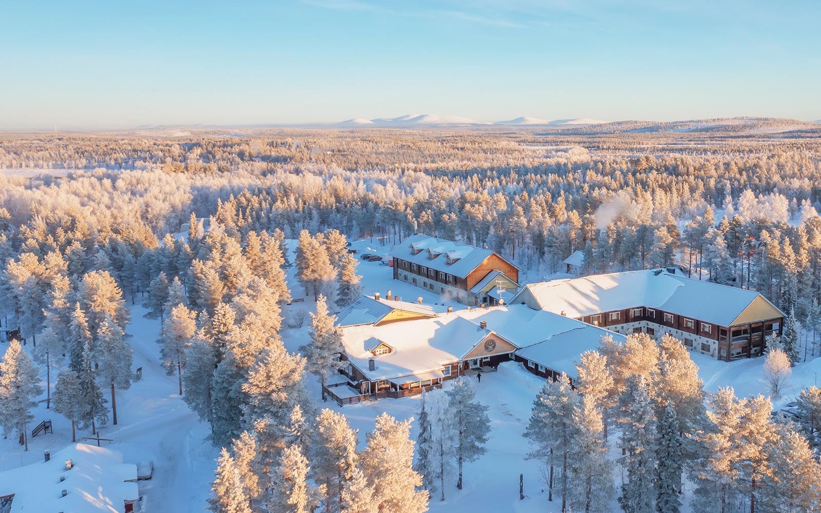An aerial view of Harriniva Adventure Resort near Muonio in Finnish Lapland in winter