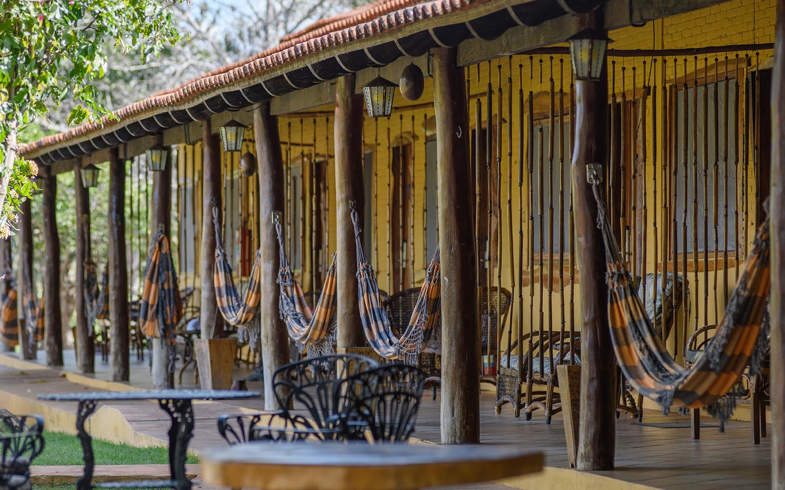 Hammocks on the verandah for relaxing at Araras Pantanal Eco Lodge, Brazil