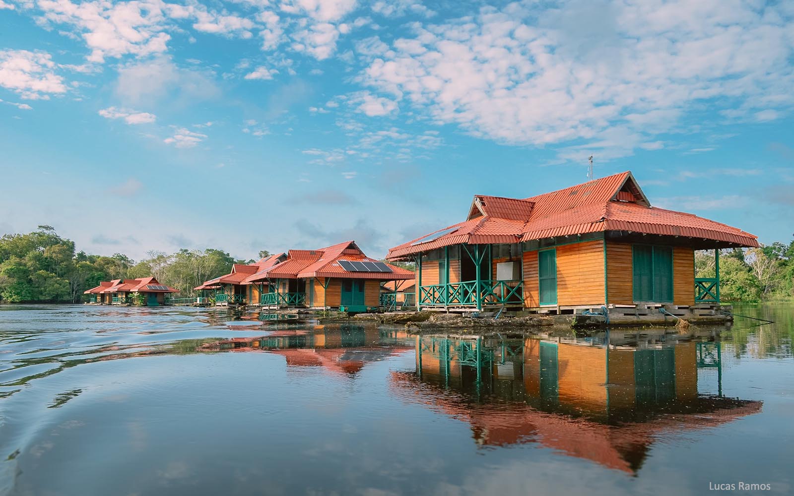 View of the floating rooms at Uakari Lodge, Mamirauá Reserve, Amazon, Brazil