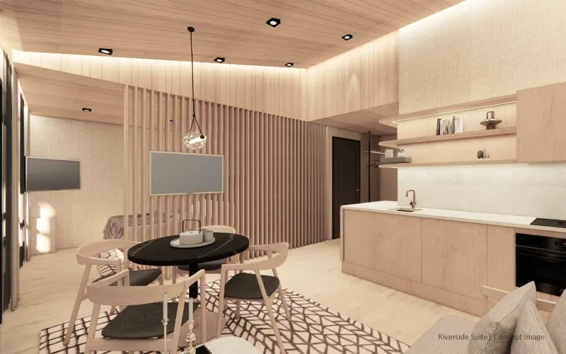 Aan artist's impression the Riverside Suite interior at Vaattunki Wilderness Resort near Rovaniemi in Finnish Lapland