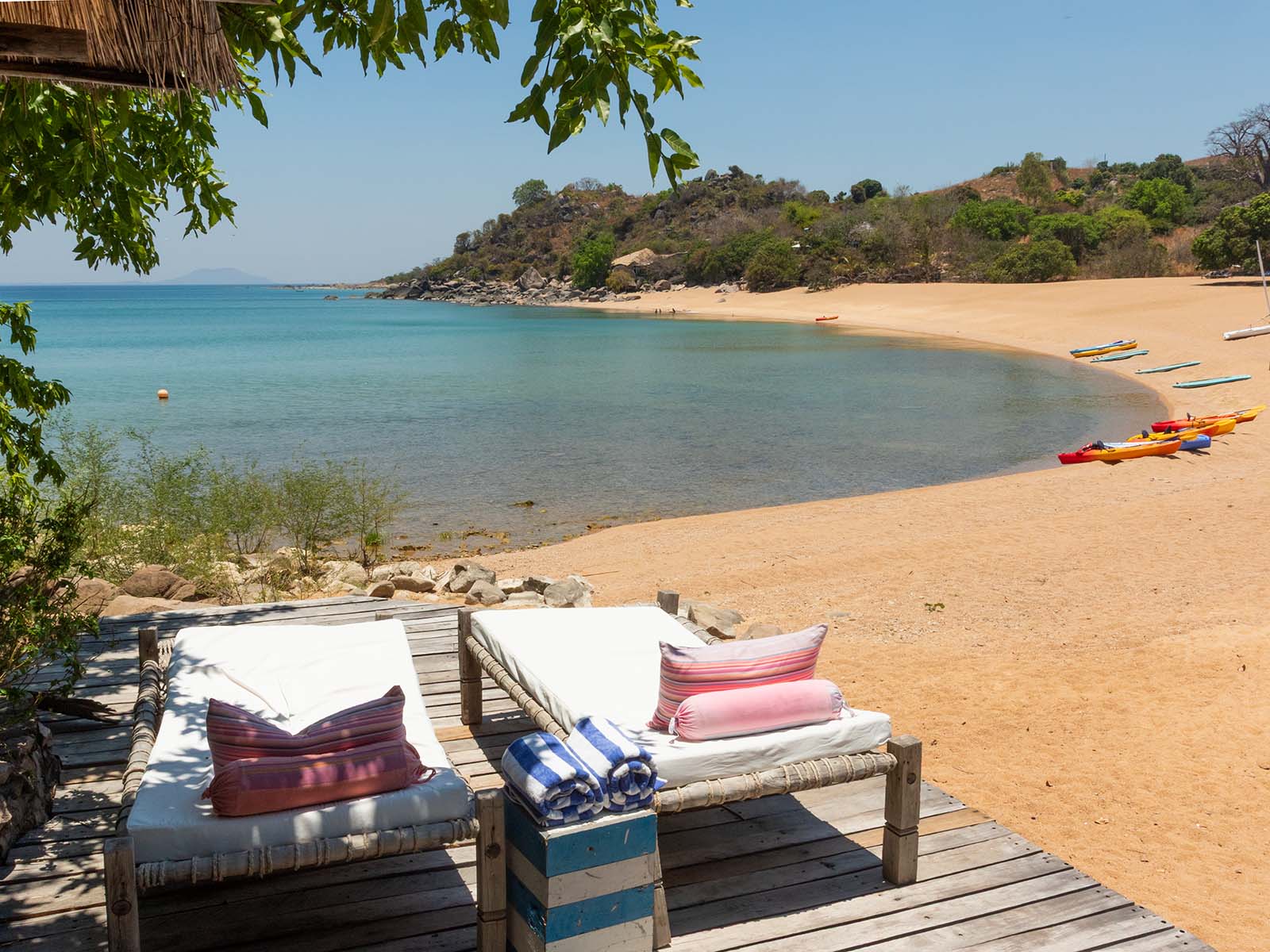 View of the beach at Kaya Mawa from one of the beachside cottages; photograph taken on Likoma Island, Lake Malawi by Wildlife & Wilderness