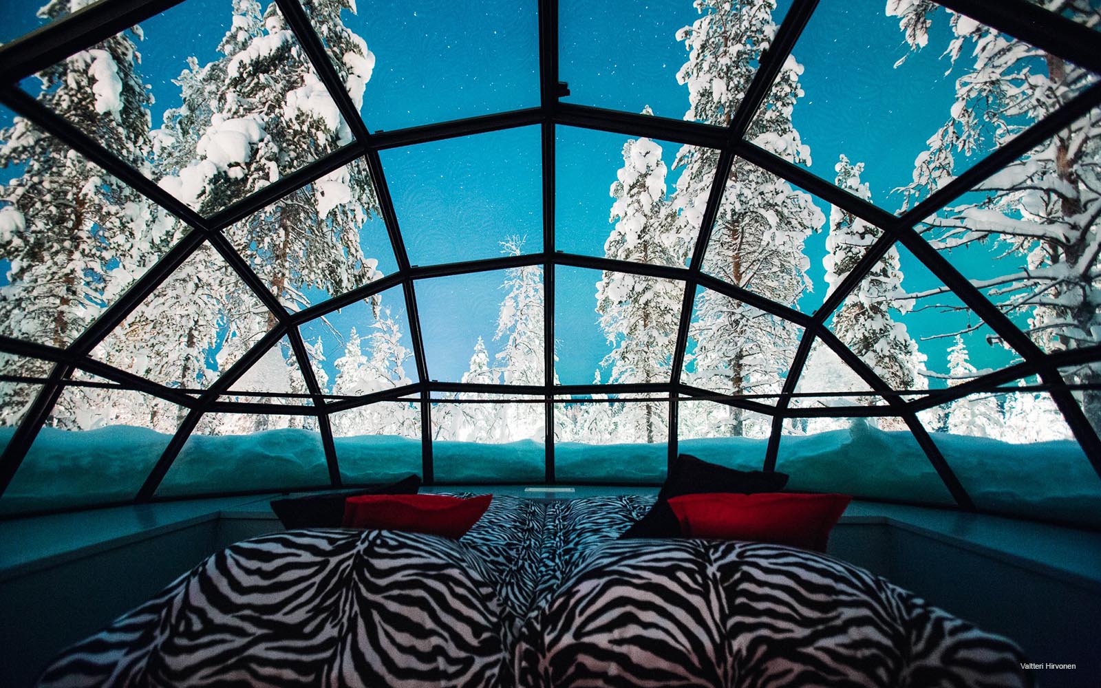 The view through the glass dome from inside a small glass igloo at Kakslauttanen Resort in Finnish Lapland