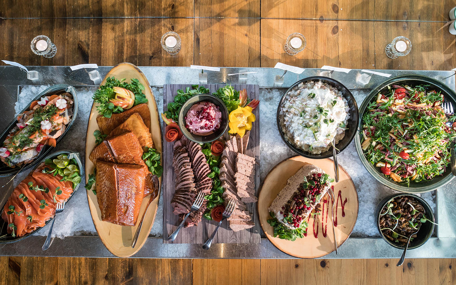 A selection of Lappish dishes including grilled river trout, vendace, herring, shrimp and West Coast salad served at Hotel Yllas Humina in Finnish Lapland