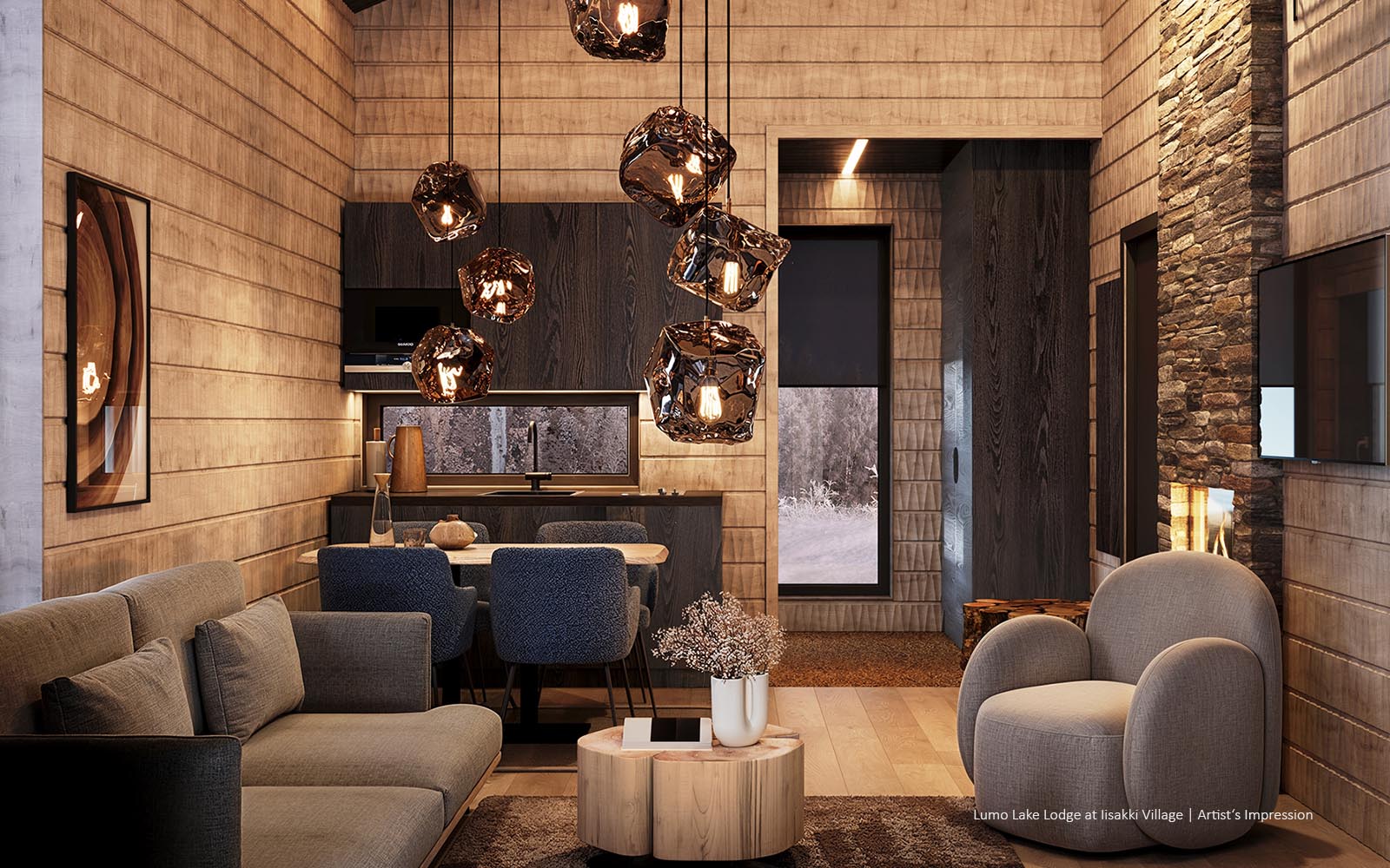 Image shows an artist's impression of the lounge and kitchenette in a Lumo Lakeside Lodge at Iisakki Village, near Ruka, Finland
